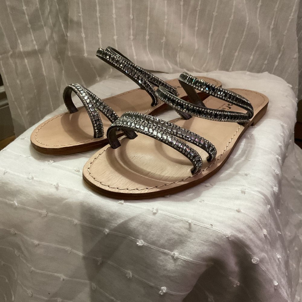 Black and Cream Strappy Sandals with Rhinestone Embellishments